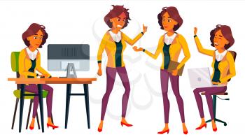 Office Worker Vector. Woman. Modern Employee, Laborer. Front, Side View. Business Woman. Situations Emotions Gestures Flat Cartoon Illustration