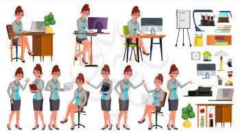 Office Worker Vector. Woman. Happy Clerk, Servant. Employee. Business Human. Secretary. In Action. Front, Side View Face Emotions Various Gestures Animation Creation Set Illustration
