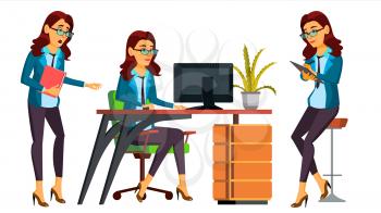 Office Worker Vector. Woman. Happy Clerk, Servant, Employee. Poses. Business Human. Face Emotions Gestures Secretary Isolated Character Illustration