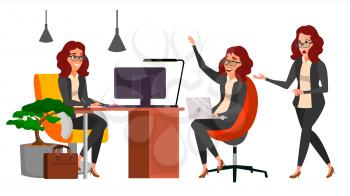 Business Woman Character Vector. Working Girl. Environment Process Creative Studio. Work Situations In Action. Girl Boss. Programming, Planning. Designer, Manager. Poses. Business Illustration