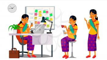 Business Man Character Vector. Working Hindu Man. Bearded. Environment Process Creative Studio. Web Developer Programming. Poses. Flat Cartoon Business Illustration