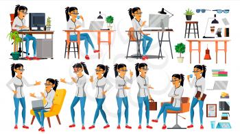 Business Woman Character Vector. Working Asian, Woman. Asiatic. Environment Process Creative Studio. Programmer, Designer. Code. Javascript Cartoon Business Character Illustration