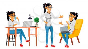 Business Woman Character Vector. Working Asian Woman. Team Room. Asiatic. Environment Process In Start Up Office. Web Developer Programming. Poses. Flat Cartoon Business Illustration