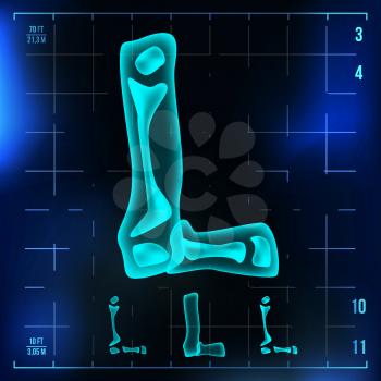 L Letter Vector. Capital Digit. Roentgen X-ray Font Light Sign. Medical Radiology Neon Scan Effect. Alphabet. 3D Blue Light Digit With Bone. Medical, Futuristic, Horror Style. Illustration