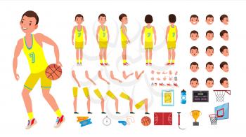Basketball Player Male Vector. Animated Character Creation Set. Basketball Player Man. Full Length, Front, Side, Back View, Accessories, Poses, Face Emotions. Isolated Cartoon Illustration