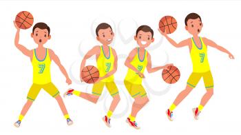 Professional Basketball Player Vector. Yellow Uniform. Playing With A Ball. Healthy Lifestyle. Team Action Stickers.Isolated On White Cartoon Character Illustration