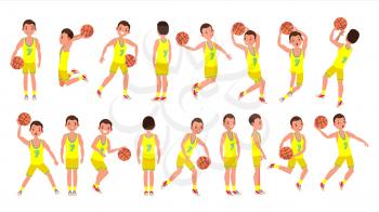 Modern Basketball Player Man Vector. Sports Concept. Running Jump With Ball. Sport Game Competition. Isolated On White Cartoon Character Illustration