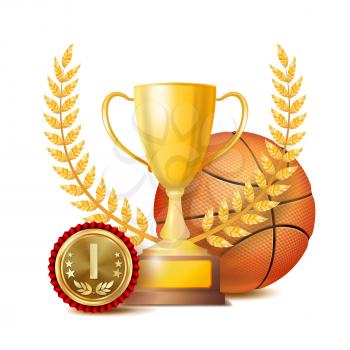 Basketball Achievement Award Vector. Sport Banner Background. Orange Ball, Winner Cup, Golden 1st Place Medal. Realistic Isolated Illustration