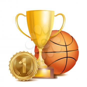 Basketball Award Vector. Sport Banner Background. Orange Ball, Gold Winner Trophy Cup, Golden 1st Place Medal. 3D Realistic Isolated Illustration
