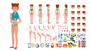 Woman In Swimsuit Vector. Animated Female Character In Swimming Bikini. Summer Beach Creation Set. Full Length, Front Side Back View. Isolated Flat Cartoon Illustration