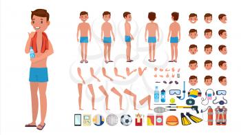 Man In Swimsuit Vector. Animated Male Character In Swimming Trunks. Summer Beach Creation Set. Full Length, Front, Side, Back View. Isolated Flat Cartoon Illustration
