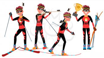 Biathlon Player Male Vector. Ski Race Skier Athlete. Ski Tracks. Winter Games. Isolated Flat Cartoon Character Illustration