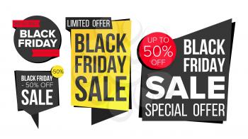 Black Friday Sale Banner Set Vector. Website Stickers, Black Web Page Design. Up To 50 Percent Off Friday Badges. Isolated Illustration