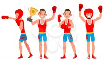 Professional Boxer Boxing Vector. Boxer Champion On Arena. Different Poses. Isolated Flat Cartoon Character Illustration