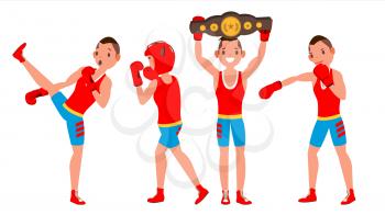 Boxer Player Vector. Strength Male Athlete In Action. Training And Fighting. Flat Cartoon Illustration
