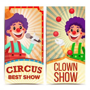 Circus Clown Vertical Banners Template Vector. Amazing Show Poster Template. Amusement Park Party. Carnival Festival Background