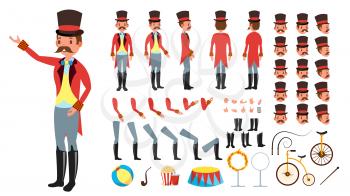 Circus Trainer Vector. Animated Character Creation Set. Full Length, Front, Side, Back View, Accessories, Poses, Face Emotions Hairstyle Gestures Isolated Flat Illustration