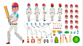 Cricket Player Male Vector. Sport Cricket Player Man. Cricketer Animated Character Creation Set. Full Length, Front, Side, Back View, Accessories, Poses, Emotions, Gestures Isolated Illustration