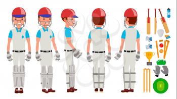 Cricket Player Vector. In Action. Cricket Team Character. Poses. Flat Cartoon Illustration