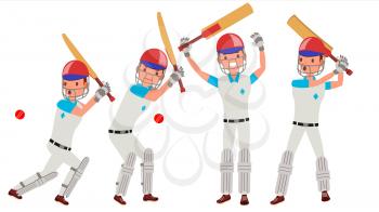 Cricket Player Vector. Wearing Sport Uniform Clothes. Different Poses. Cartoon Character Illustration