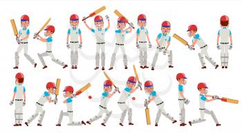 Cricket Player Vector. In Action. Cricket Team Character. Poses. Flat Cartoon Illustration