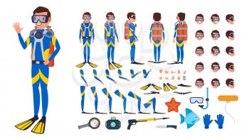 Diver Man Vector. Animated Character Creation Set. Under Water. Scuba Diver. Snorkeling Diving. Full Length, Front, Side, Back View, Poses Face Emotions Gestures Illustration