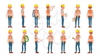 Electrician Worker Male Vector. Makes Electrical Equipment. Different Poses. Cartoon Character Illustration
