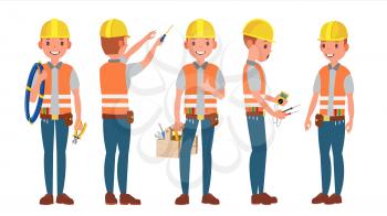 Classic Electrician Vector. Different Poses. Working Man. Isolated Flat Cartoon Character Illustration