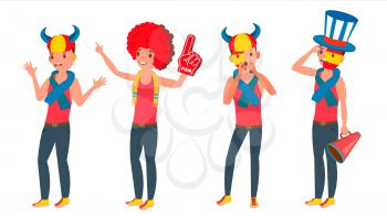 Sports Supporting Team Vector. Guys Fans Cheer For Team. Different Poses. Cartoon Character Illustration