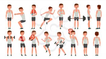 Fitness Man Vector. Different Poses. Lifestyle Design. Exercise And Athlete. Isolated Flat Cartoon Character Illustration