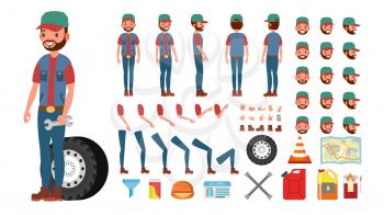 Truck Driver Vector. Animated Trucker Character Creation Set. Full Length, Front, Side, Back View, Accessories, Emotions, Gestures. Isolated Flat Cartoon Illustration