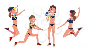 Female Beach Volleyball Player Vector. Professional Athlete. Players In Different Position. Sportswoman Games. Flat Cartoon Illustration