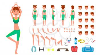 Yoga Woman Vector. Prenatal Yoga Animated Character Creation Set. Woman Full Length, Front, Side, Back View, Accessories, Poses, Face Emotions, Gestures. Isolated Illustration