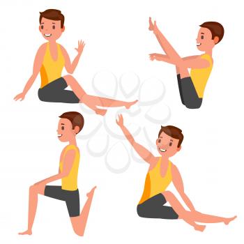 Yoga Man Poses Set Vector. Girl. Yoga Exercise. Doing Fitness, Sport. Flat Cartoon Illustration