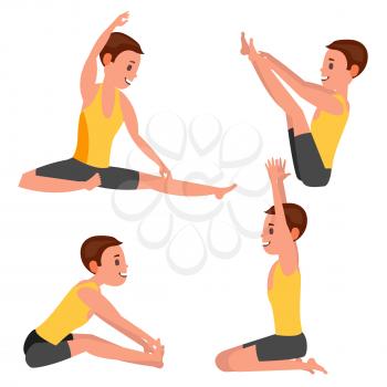 Yoga Male Vector. Stretching And Twisting. Practicing. Playing In Different Poses. Man. Isolated On White Cartoon Character Illustration