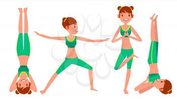 Yoga Woman Poses Set Vector. Relaxation And Meditation. Stretching And Twisting. Practicing. Body In Different Poses. Cartoon Character Illustration
