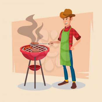 BBQ Cooking Vector. Classic American Smiling Man Barbecuing. Isolated On White Cartoon Character Illustration