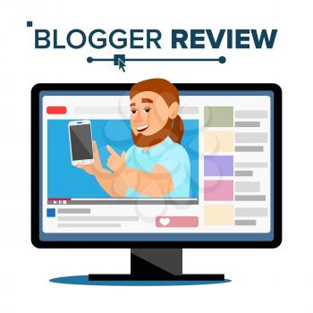 Blogger Review Concept Vetor. Popular Blogger Man Testing Functional With New Smartphone. Online Channel. Video Content. Isolated Illustration