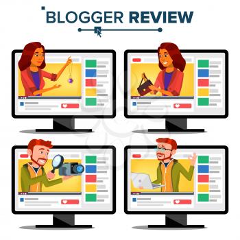 Blogger Review Concept Vector. Video Blog Channel. Man, Woman Popular Streamer Blogger. Recording. Online Live Broadcast. Testing Functional. Fashion. Cartoon Illustration