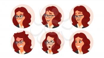 Business Woman Avatar Vector. Woman Face, Emotions Set. Female Creative Placeholder. Modern Girl. Comic Isolated Illustration