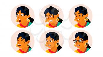 Hindu Business Woman Avatar Vector. Woman Face, Emotions Set. Indian Female Creative Placeholder. Modern Girl. Isolated Illustration