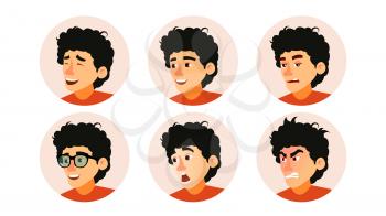 Junior Character Business People Avatar Vector. Developer Teen Man Face, Emotions Set. Creative Avatar Placeholder. Cartoon Illustration