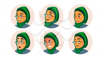 Muslim Business Woman Avatar Vector. Woman Face, Emotions Set. Hijab. Muslim Female Creative Placeholder. Modern Girl. Isolated Illustration