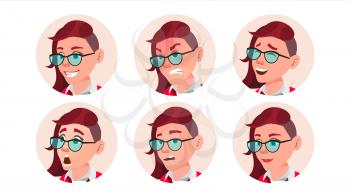 Avatar Woman Vector. Facial Emotions. Round Portrait. Stylish Face. Angry, Smile. Emo, Freak Hairstyle. Pink Image Flat Cartoon Character Illustration