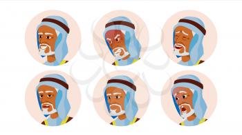Arab Man Avatar People Vector. Arab, Muslim. Comic Emotions. Flat Handsome Manager. Happy, Unhappy. Laugh, Angry Cartoon Character Illustration