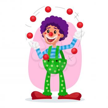Classic Clown Vector. Amazing Public Circus Show. Man Juggling Balls. Flat Cartoon