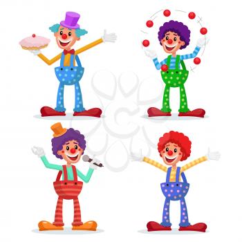 Circus Clowns Set Vector. Performance For Hilarious Laughing People. Amazing Public Circus Show. Man Juggling Balls. Isolated On White Cartoon Character