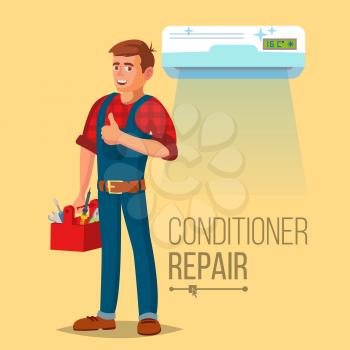 Air Conditioner Repair Worker Vector. Young Happy Male Technician Gesturing. Isolated Flat Cartoon Character Illustration