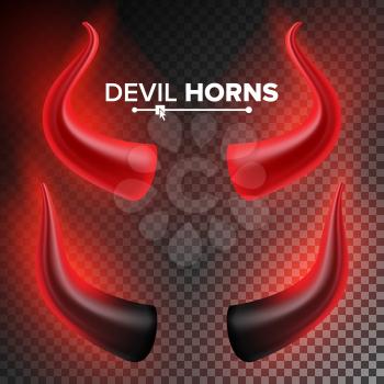 Devils Horns Vector. Red Luminous Horn. Realistic Red And Black Devil Horns Set. Isolated On Transparent Illustration.