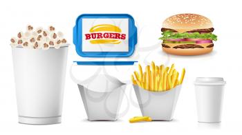 Fast Food Mock Up Set Vector. White Clean Blank. Template For Branding Design. Fast Food Packaging. Isolated On White